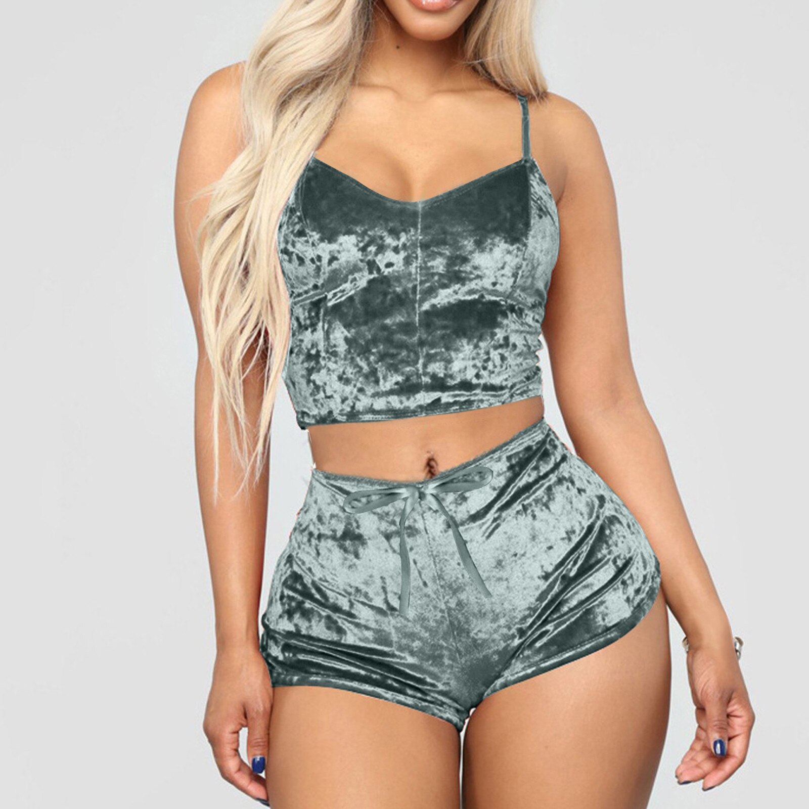 Sexy Womens Velvet Pajamas Set Sleeveless Crop Top Bowknot Camisole Shorts Summer Sleepwear Lingerie 2 Pieces Outfit 2023 New
