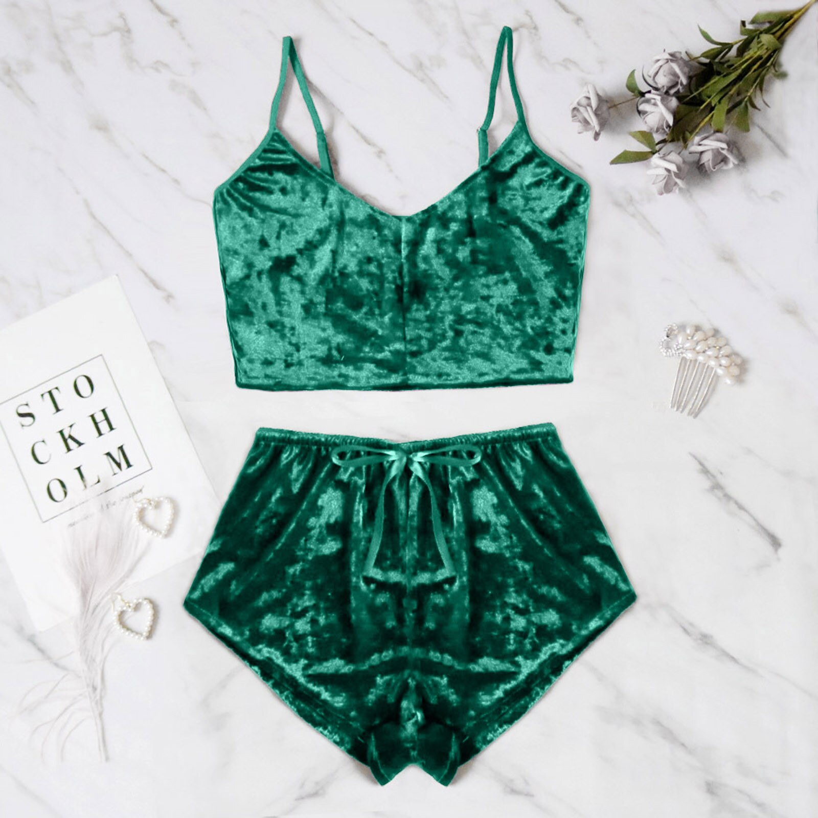Sexy Womens Velvet Pajamas Set Sleeveless Crop Top Bowknot Camisole Shorts Summer Sleepwear Lingerie 2 Pieces Outfit 2023 New