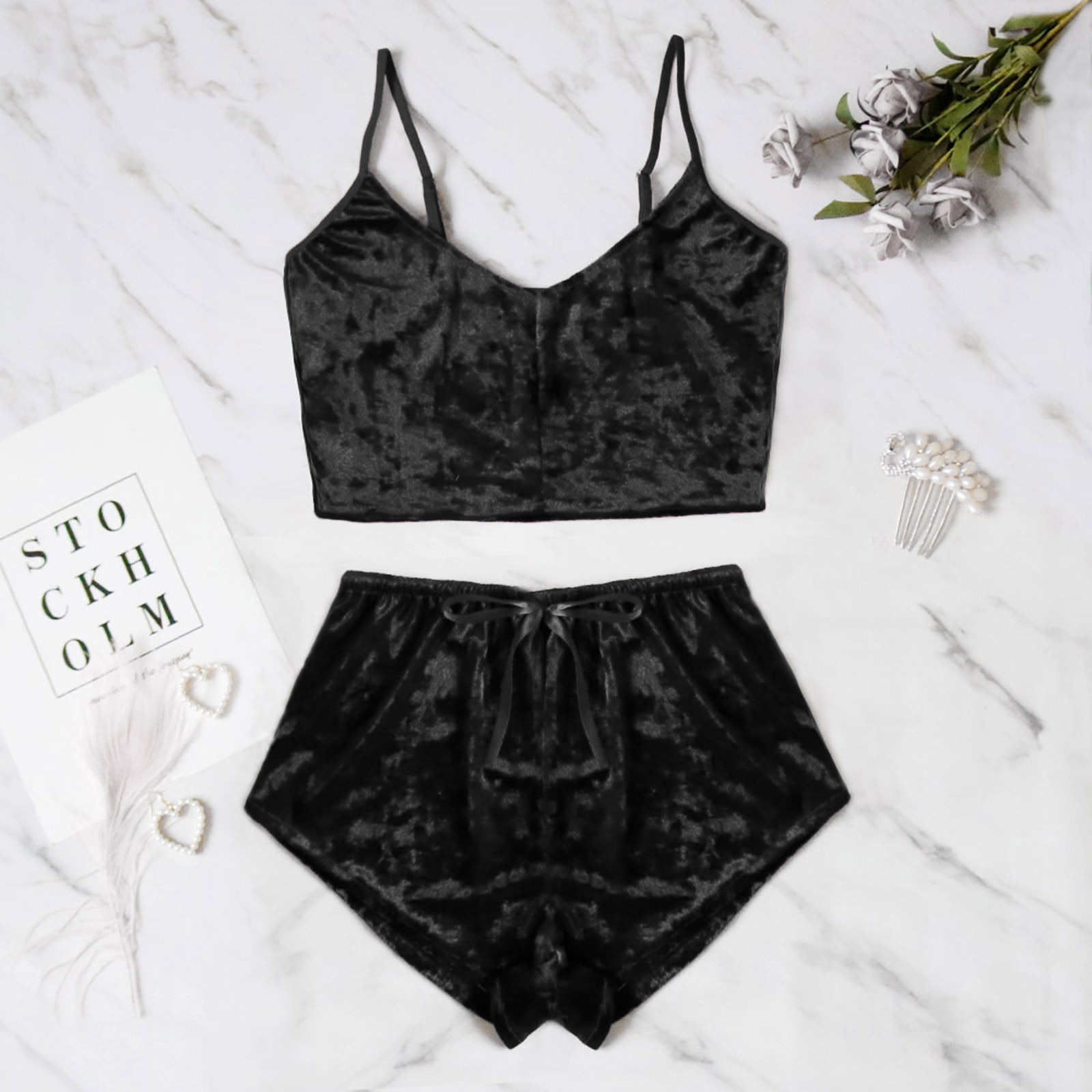 Sexy Womens Velvet Pajamas Set Sleeveless Crop Top Bowknot Camisole Shorts Summer Sleepwear Lingerie 2 Pieces Outfit 2023 New