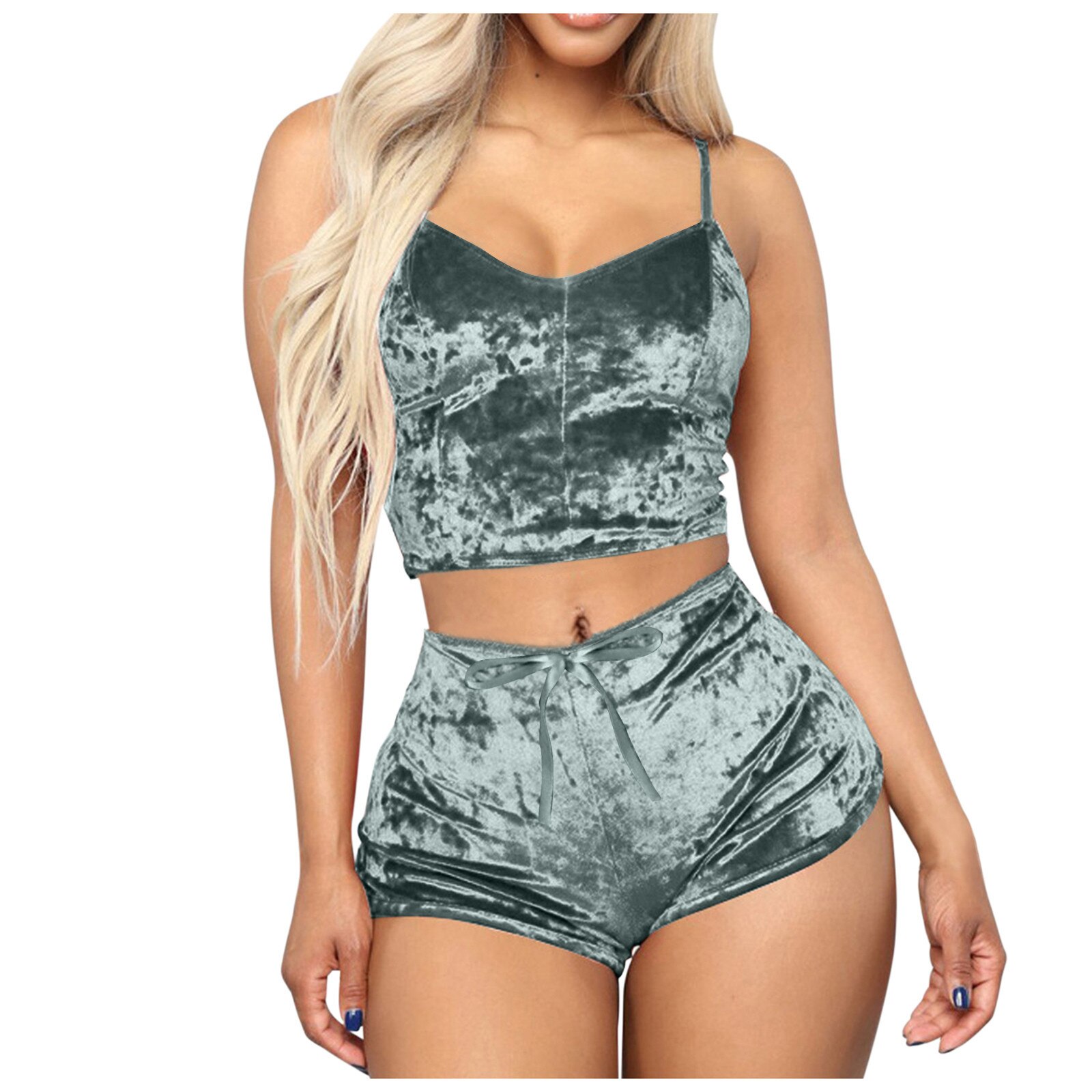 Sexy Womens Velvet Pajamas Set Sleeveless Crop Top Bowknot Camisole Shorts Summer Sleepwear Lingerie 2 Pieces Outfit 2023 New