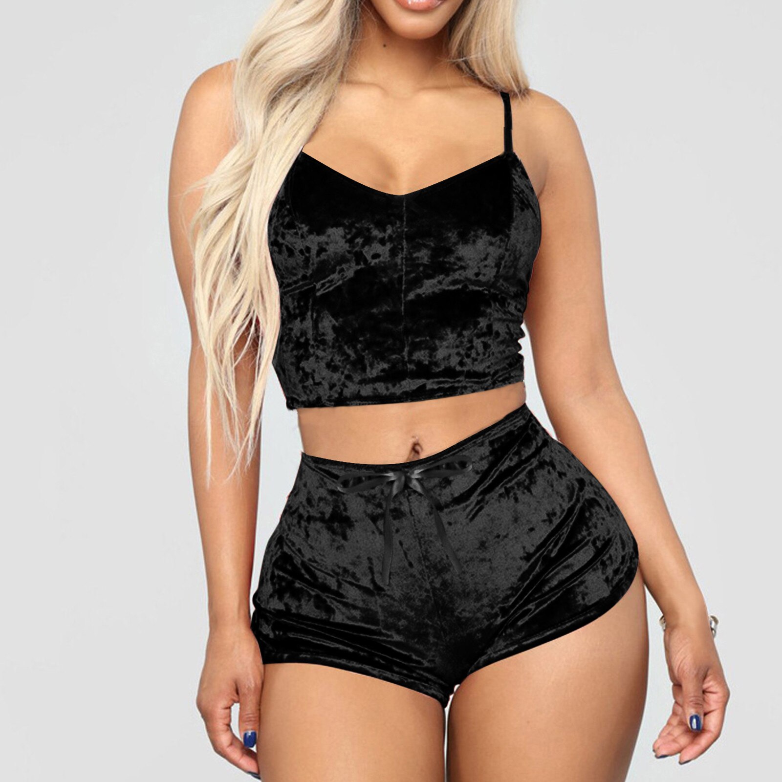 Sexy Womens Velvet Pajamas Set Sleeveless Crop Top Bowknot Camisole Shorts Summer Sleepwear Lingerie 2 Pieces Outfit 2023 New