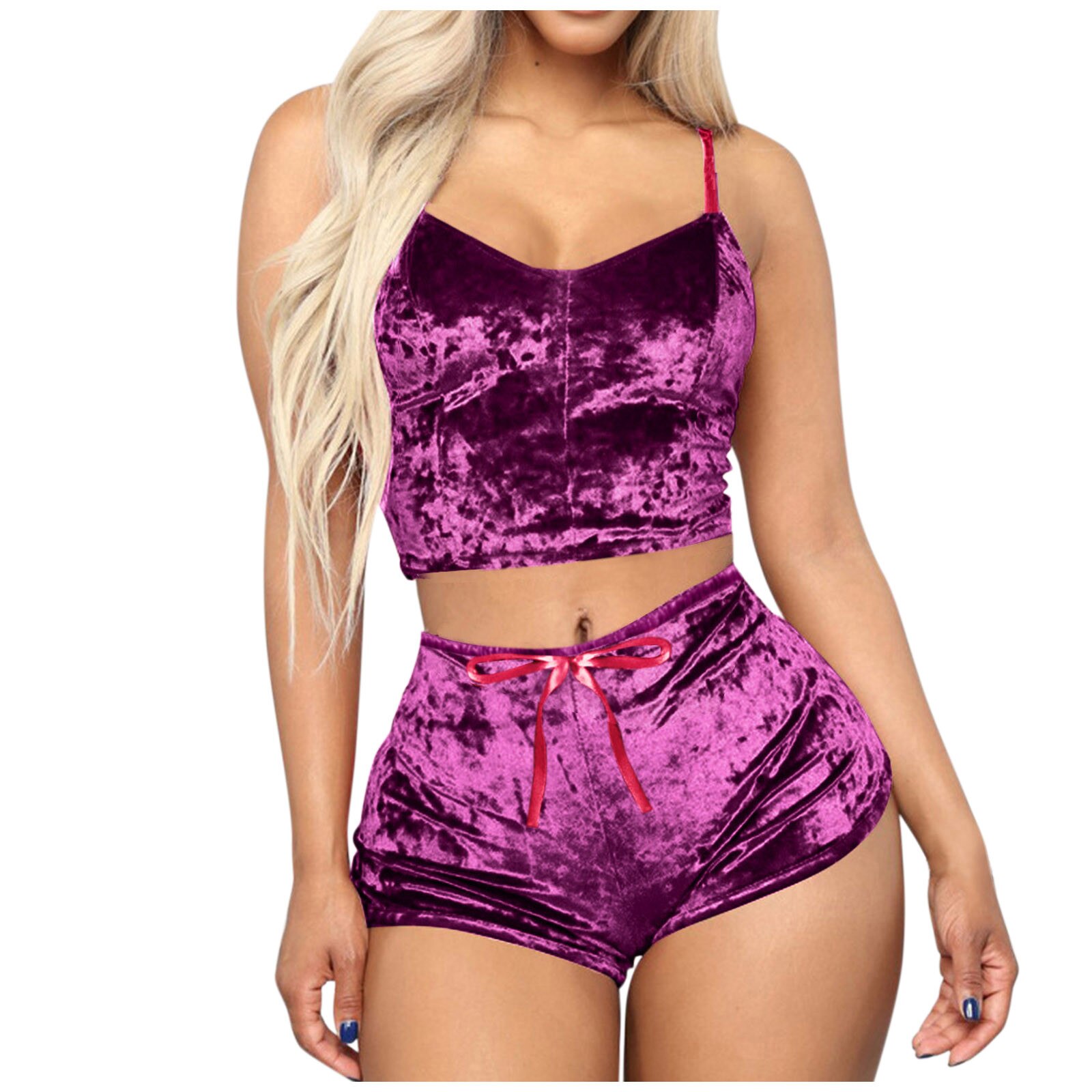 Sexy Womens Velvet Pajamas Set Sleeveless Crop Top Bowknot Camisole Shorts Summer Sleepwear Lingerie 2 Pieces Outfit 2023 New