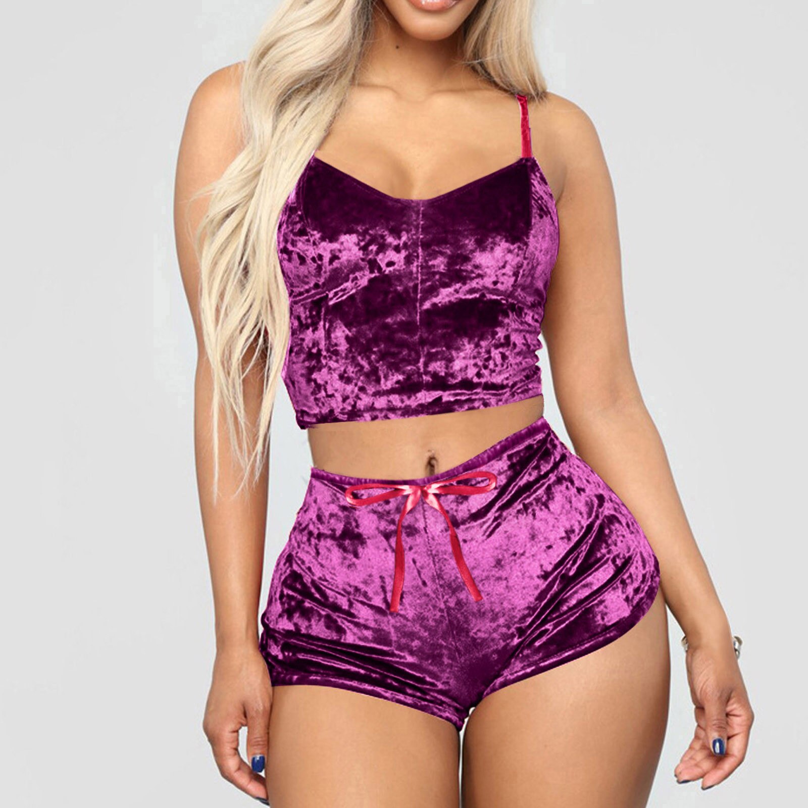 Sexy Womens Velvet Pajamas Set Sleeveless Crop Top Bowknot Camisole Shorts Summer Sleepwear Lingerie 2 Pieces Outfit 2023 New