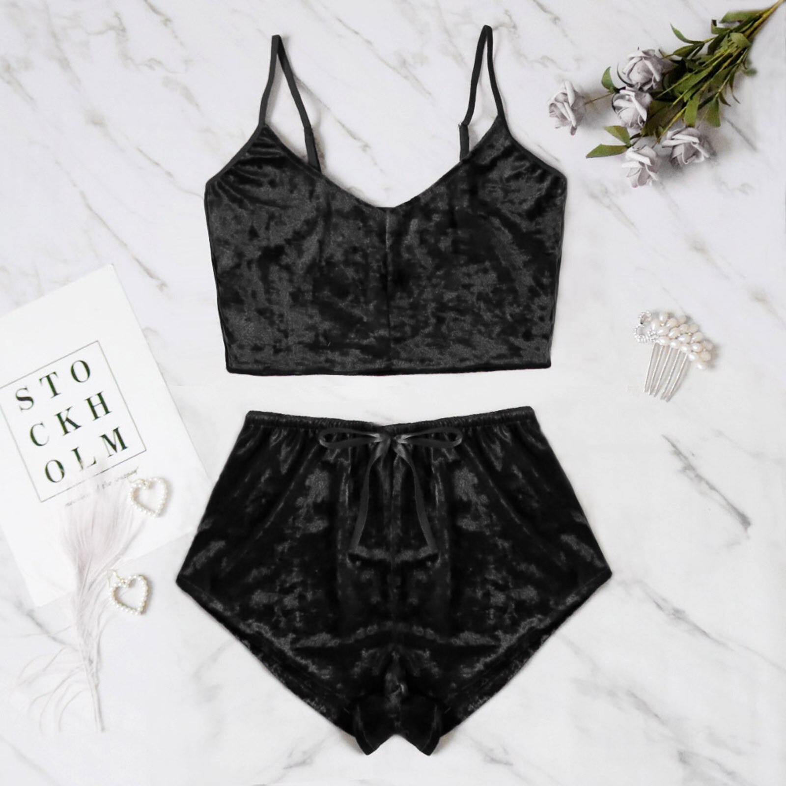 Sexy Womens Velvet Pajamas Set Sleeveless Crop Top Bowknot Camisole Shorts Summer Sleepwear Lingerie 2 Pieces Outfit 2023 New