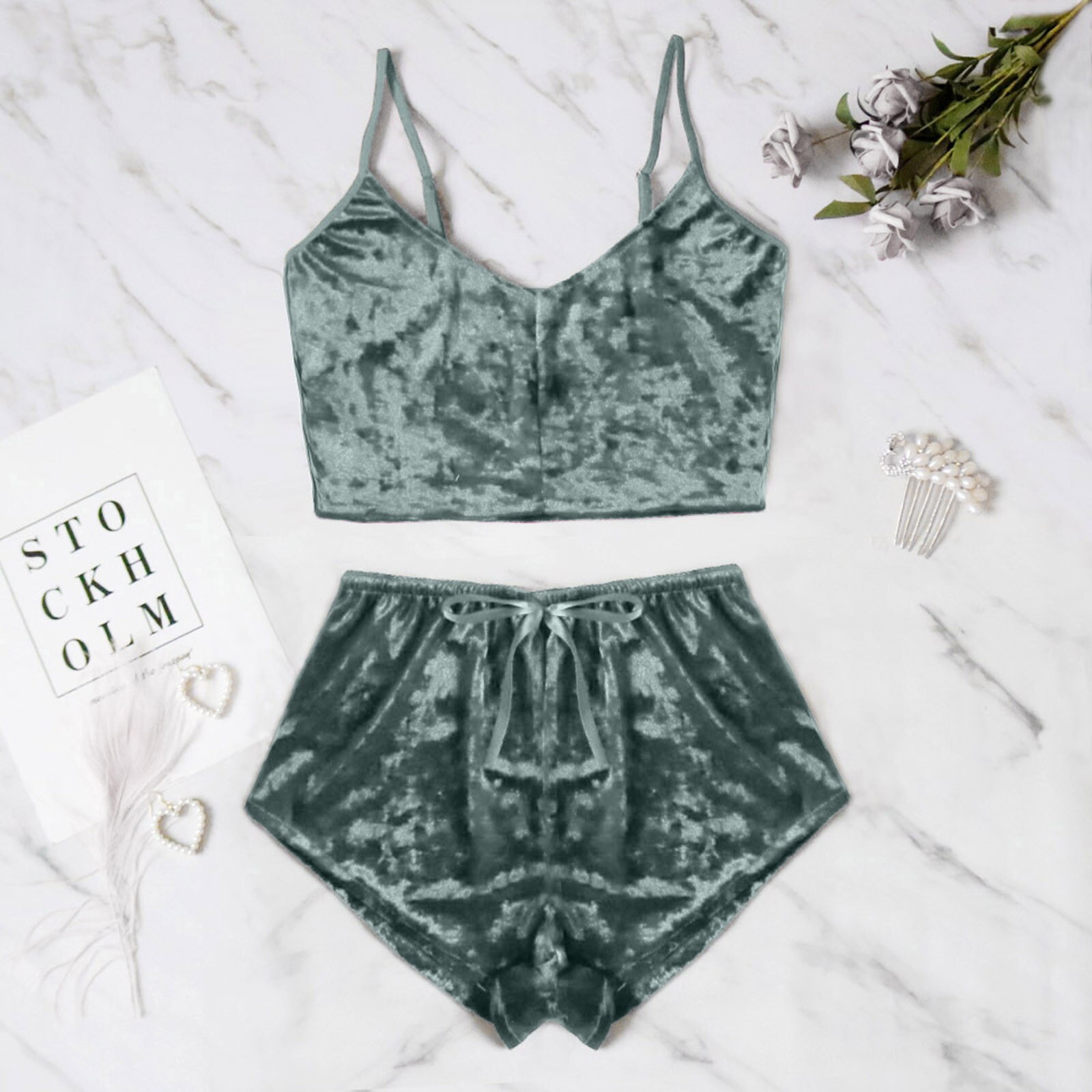 Sexy Womens Velvet Pajamas Set Sleeveless Crop Top Bowknot Camisole Shorts Summer Sleepwear Lingerie 2 Pieces Outfit 2023 New