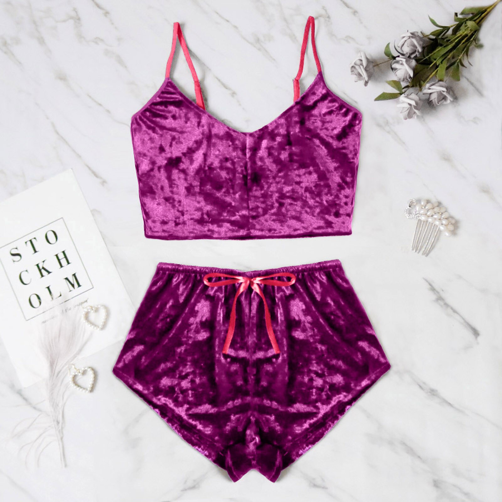 Sexy Womens Velvet Pajamas Set Sleeveless Crop Top Bowknot Camisole Shorts Summer Sleepwear Lingerie 2 Pieces Outfit 2023 New