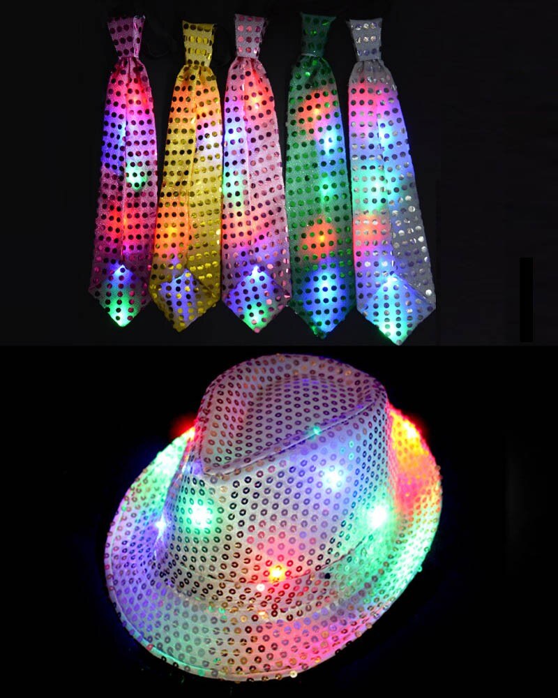 Fashion Kids Adult LED Light Up Tie Sequin Jazz Fedora Hat Flashing Neon Party Gift Costume Cap Birthday Wedding Halloween