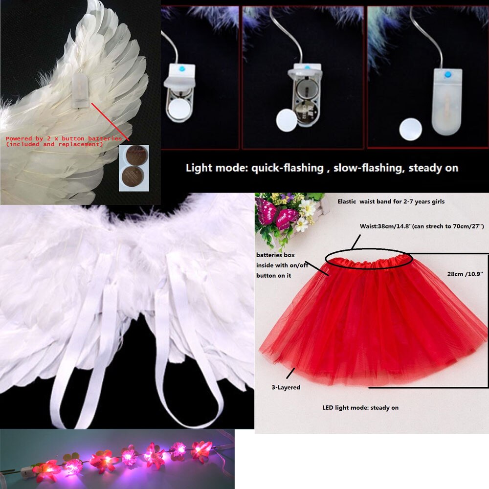 Adult Children Fairy Costume Light Up Tutu Skirt Glow Flower Headband Angel Feather Wing Halo Birthday Party Cosplay Halloween