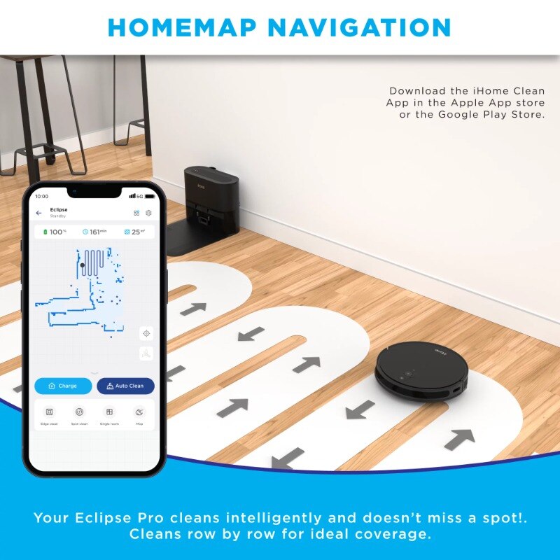 iHome AutoVac Eclipse Pro 3-in-1 Robot Vacuum and Vibrating Mop with Auto Empty Base, HomeMap Navigation, Google and App Control