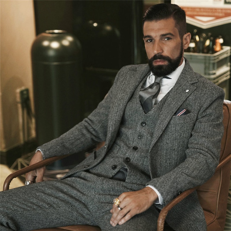 Grey Herringbone Men Suit Tweed British Style Slim Fit Blazer Wedding/Business Suits for Men Formal Groom Tuxedos 3 Piece