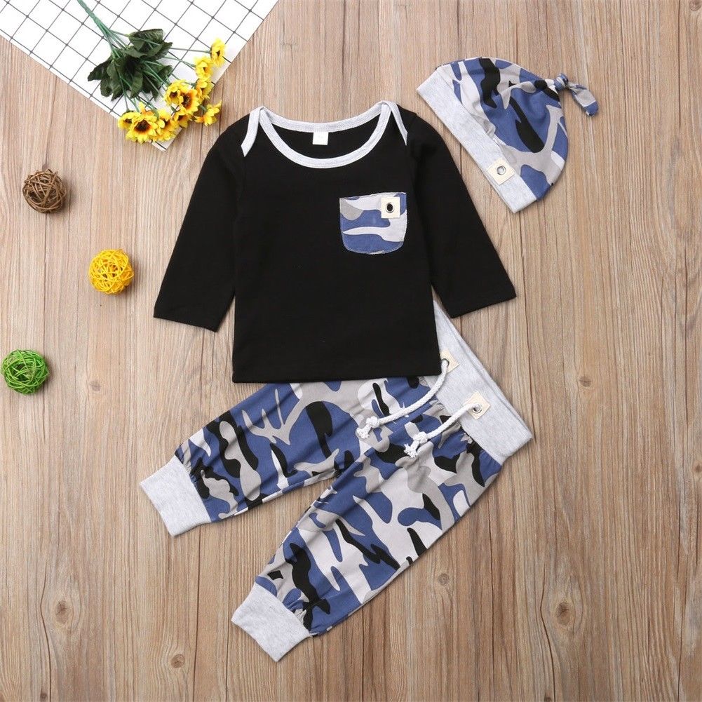 Pudcoco Autumn New Casual 3pcs Baby Boy Clothes Set Newborn Infant Boys Camouflage Top Long Pants Hat Outfits
