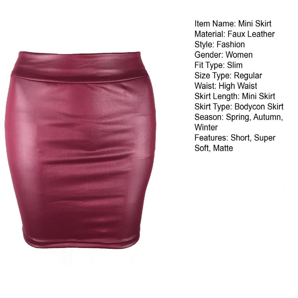 Women Mini Skirt Solid Color High Waist Slim Fit Skinny Matte Faux Leather Cozy Commuter Bodycon Skirt Streetwear