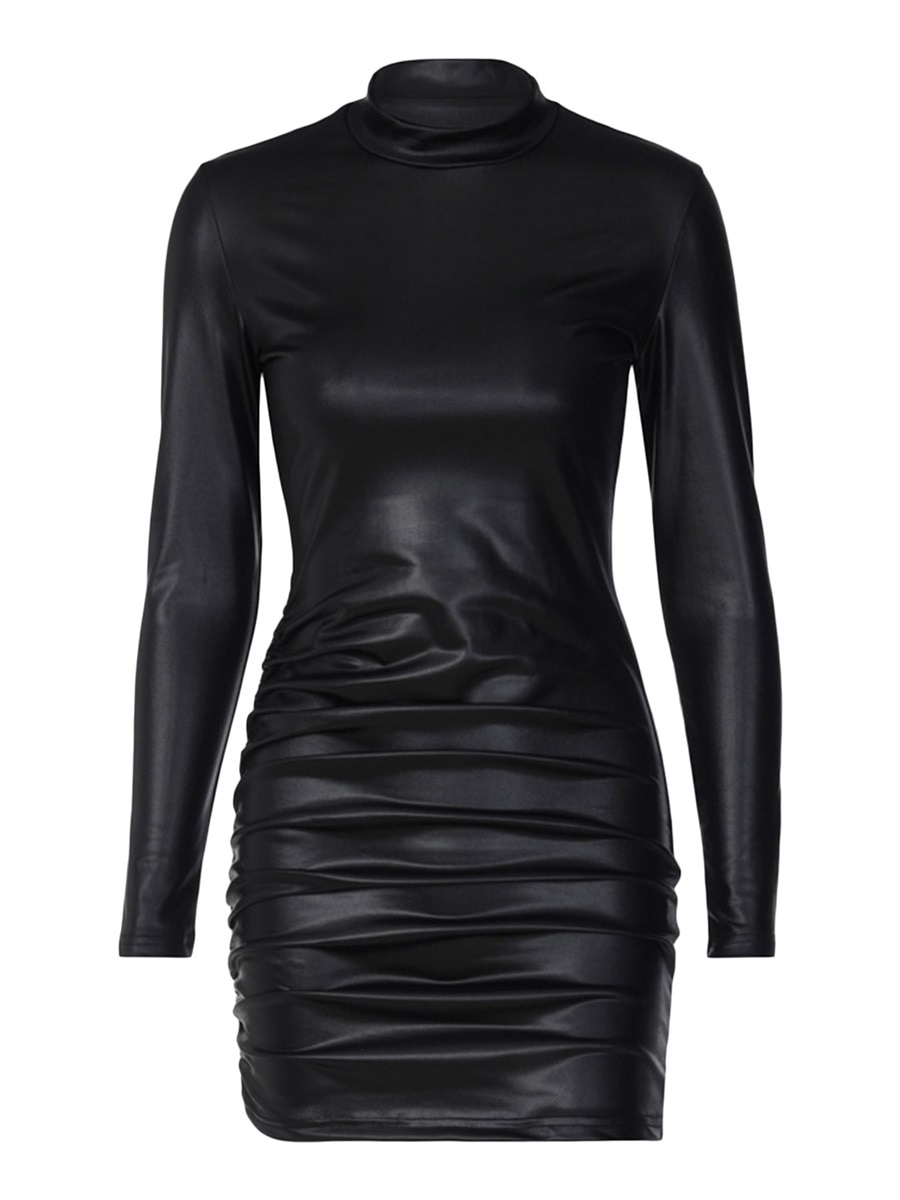 Women Faux Pu Leather Long Sleeve Bodycon Dress Sexy Casual Ruched Mini Dress Party Club Night Outfits