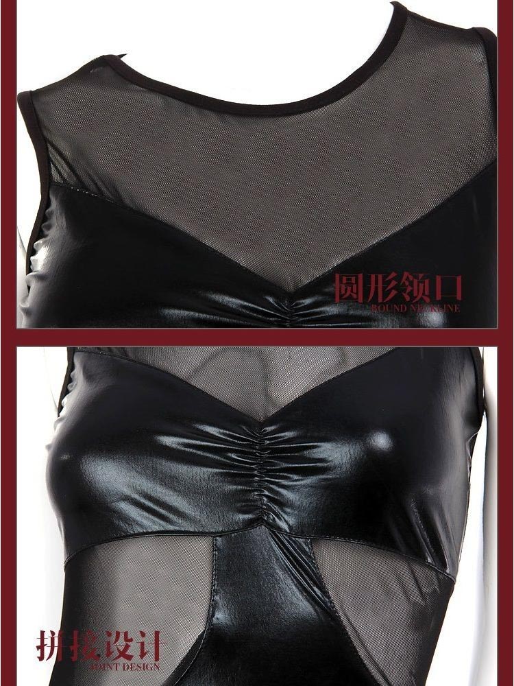 Women Sexy Black Faux Leather Sheer Mesh Mini Dress Night Club Disco Clubwear Nightdress