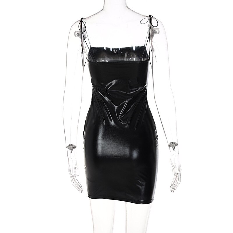 Summer Women Faux Leather Spaghetti Straps Tube Bodycon Mini Dress Sexy Black Silver Party Club Dresses