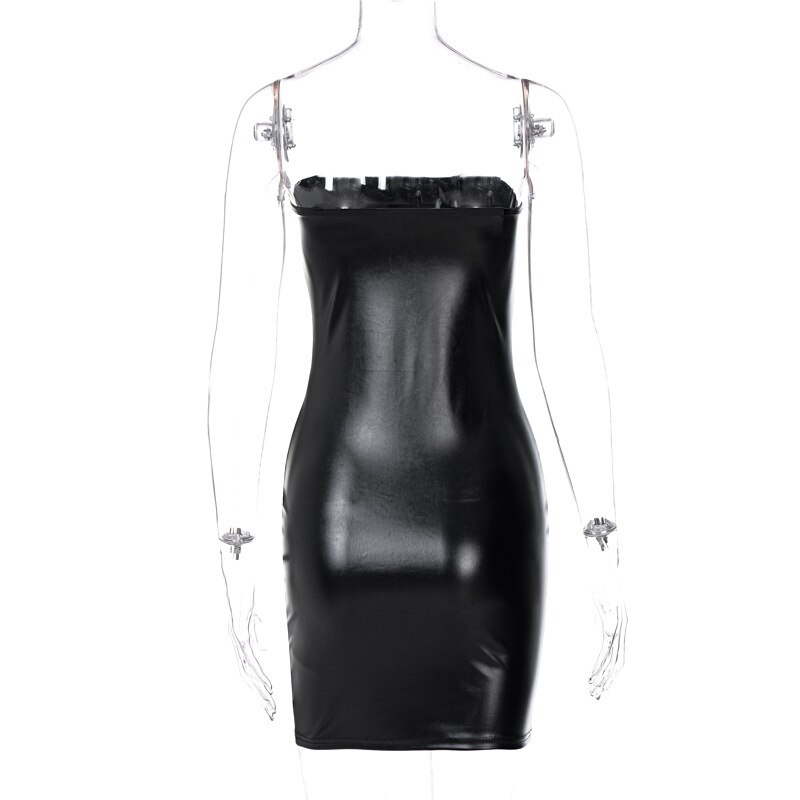 Summer Women Faux Leather Spaghetti Straps Tube Bodycon Mini Dress Sexy Black Silver Party Club Dresses