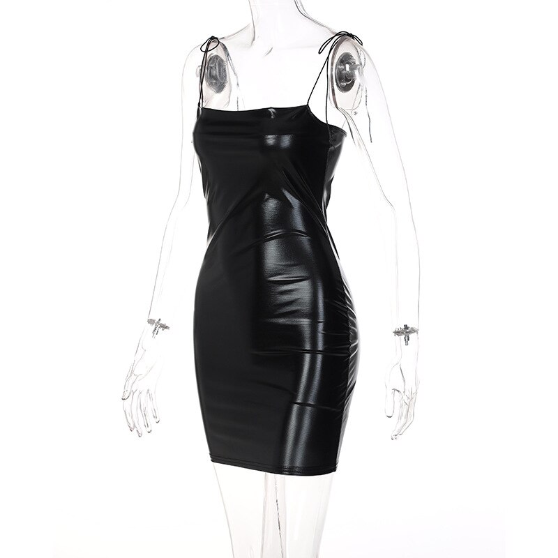 Summer Women Faux Leather Spaghetti Straps Tube Bodycon Mini Dress Sexy Black Silver Party Club Dresses