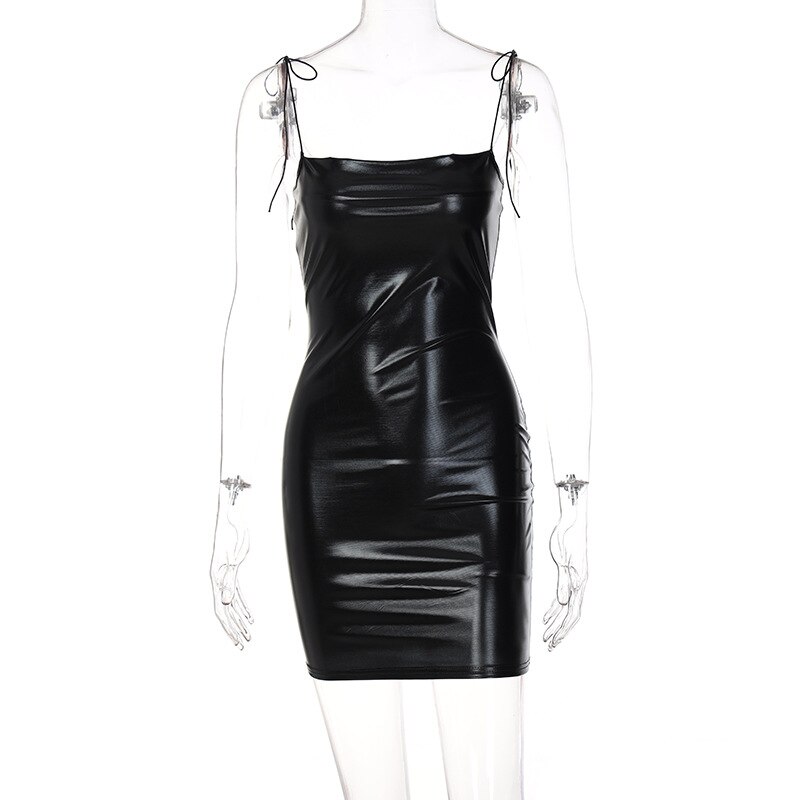 Summer Women Faux Leather Spaghetti Straps Tube Bodycon Mini Dress Sexy Black Silver Party Club Dresses