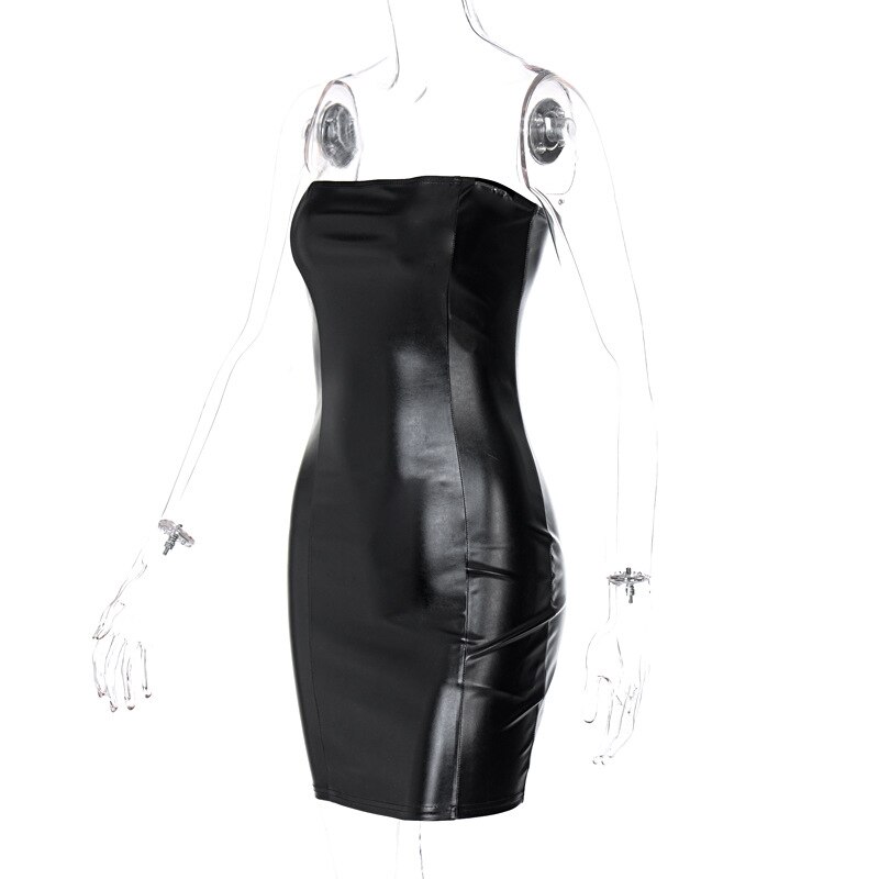 Summer Women Faux Leather Spaghetti Straps Tube Bodycon Mini Dress Sexy Black Silver Party Club Dresses