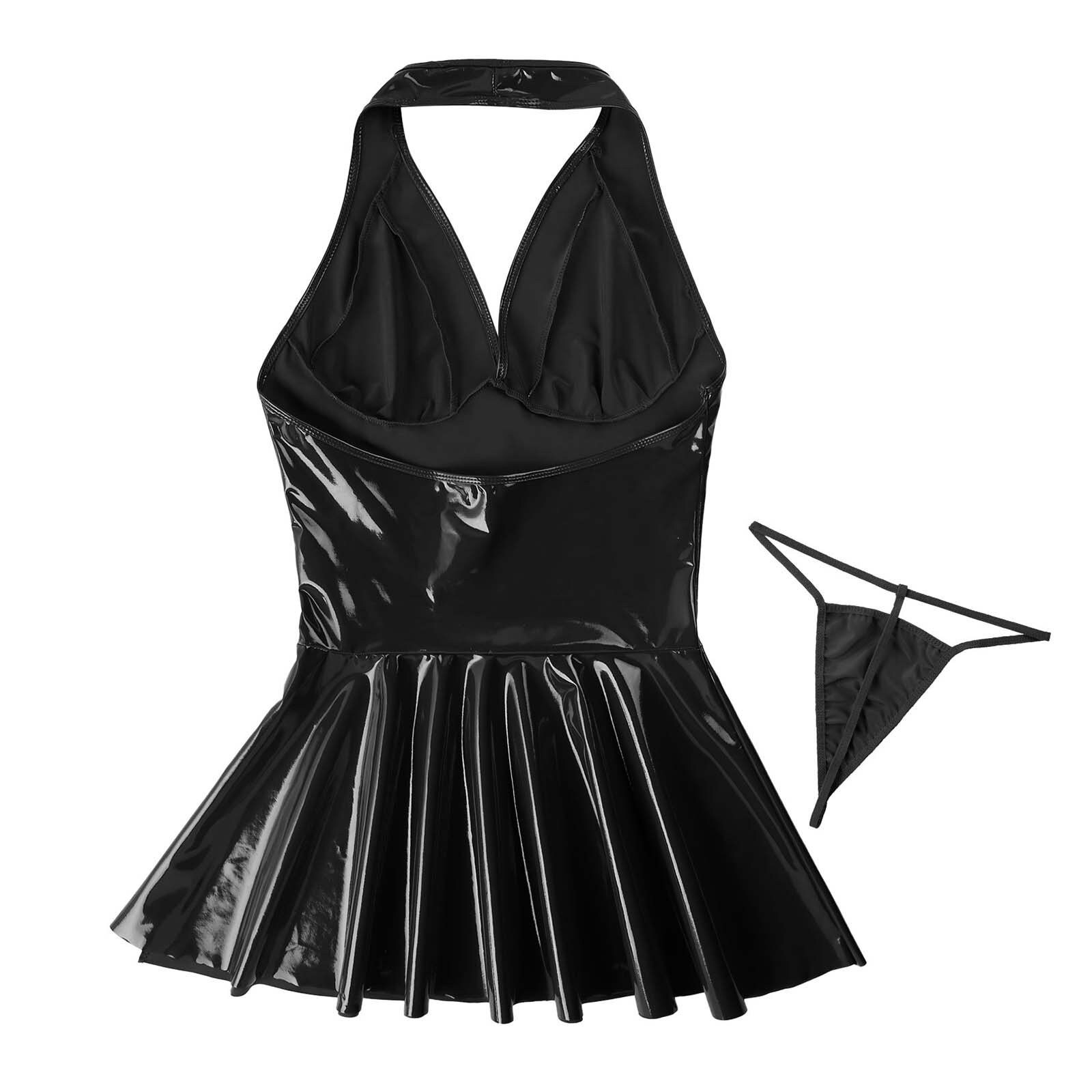 Womens Ladies Faux Leather Pleated Mini Dress Sleeveless Backless Wet Look Dress A-line Sexy Clubwear Costumes Cocktail Parties