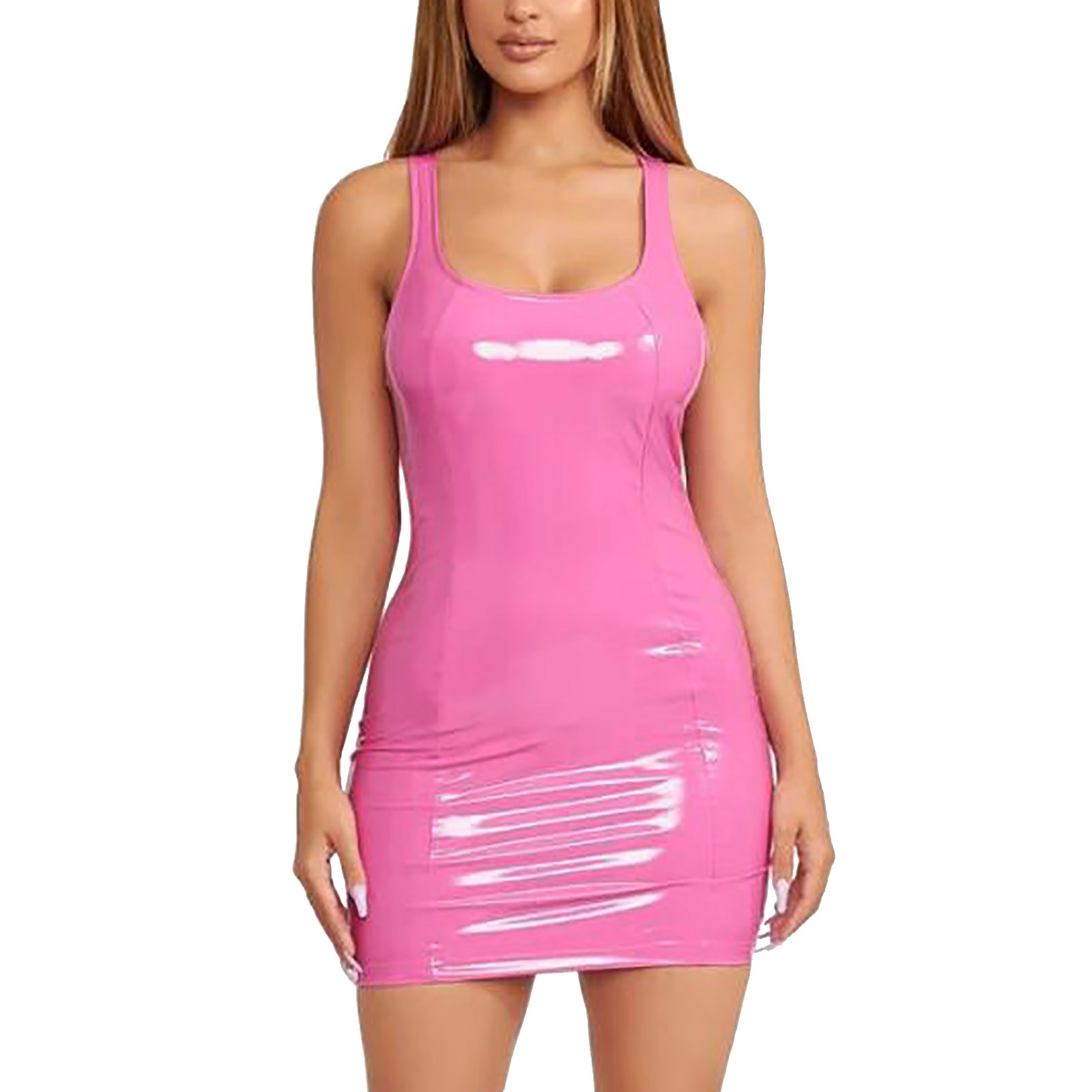 Sleeveless Faux Latex Mini Dress Women Sexy Halter Patent Bodycon Dress Ladies Nightclub Party Clubwear Leather Dress New Custom