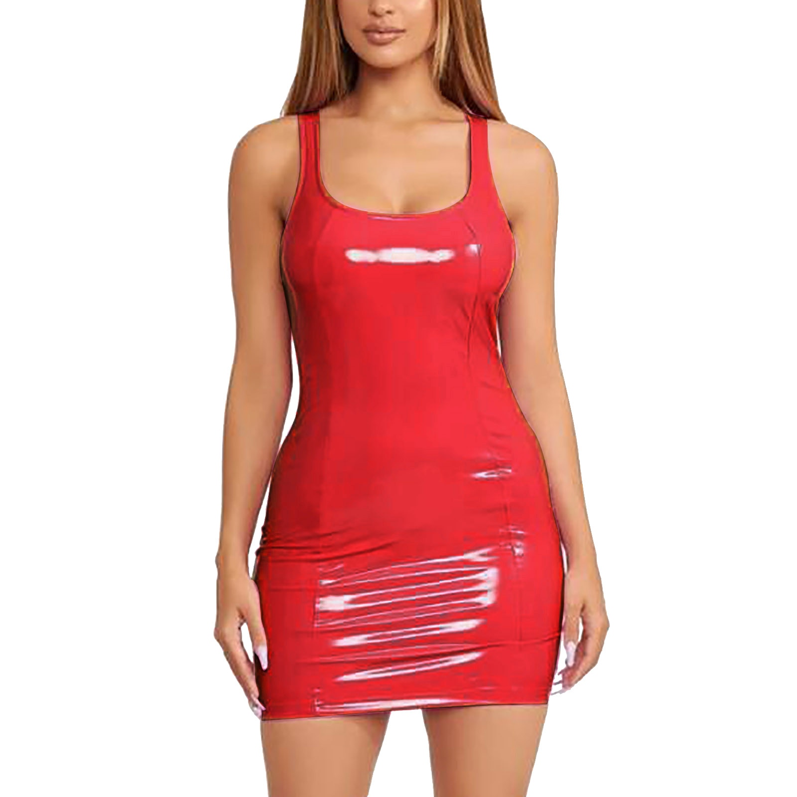 Sleeveless Faux Latex Mini Dress Women Sexy Halter Patent Bodycon Dress Ladies Nightclub Party Clubwear Leather Dress New Custom