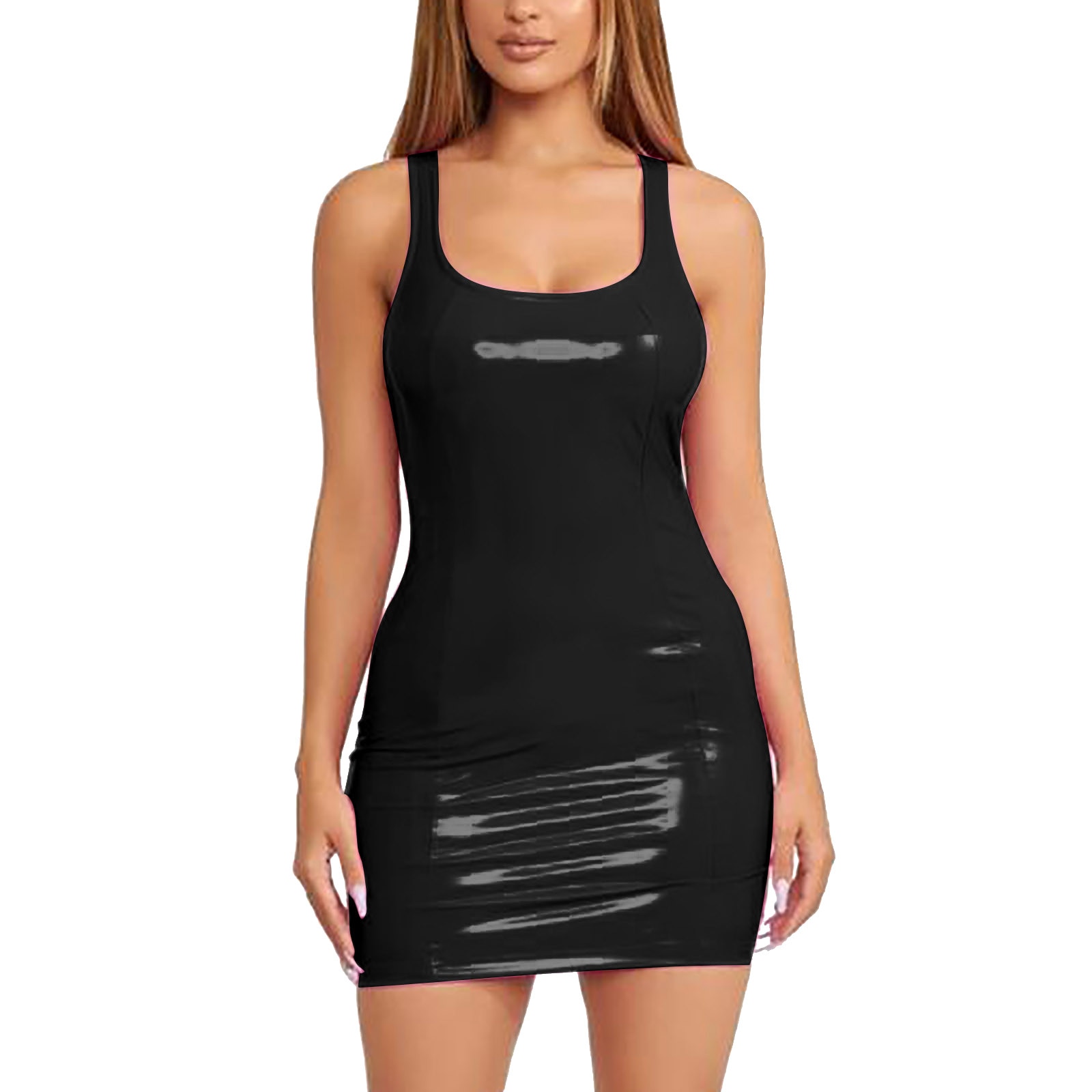 Sleeveless Faux Latex Mini Dress Women Sexy Halter Patent Bodycon Dress Ladies Nightclub Party Clubwear Leather Dress New Custom