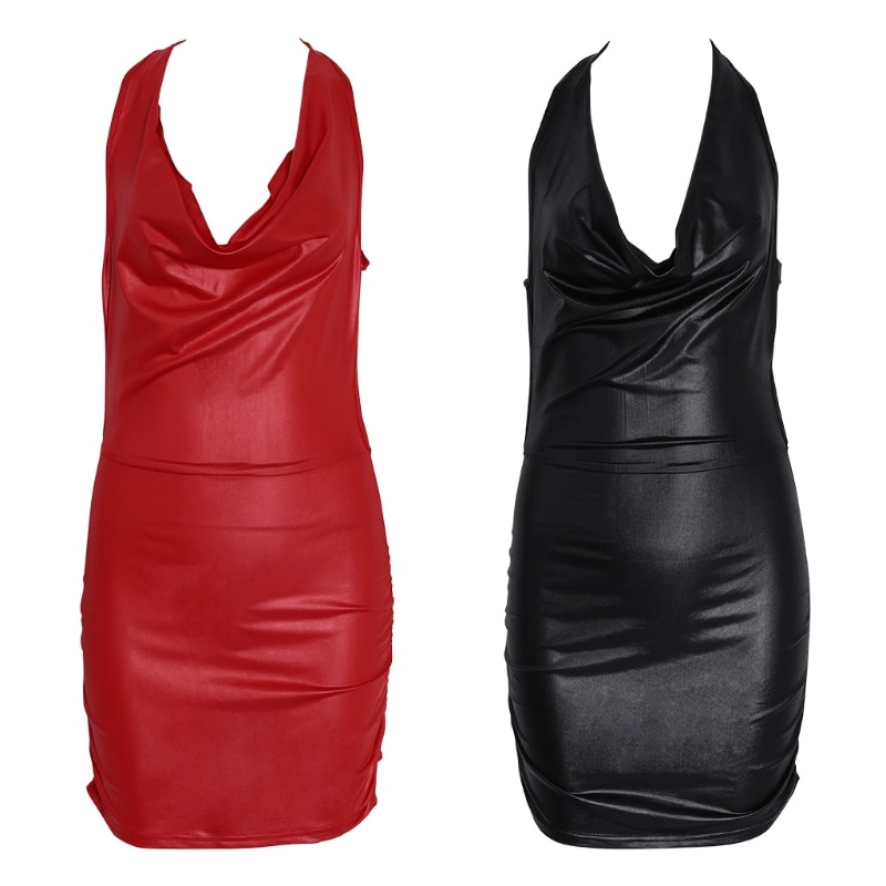 Women Sexy Black And Red Wet Look Backless Bandage Faux Leather Bodycon Dress Sexy Dress