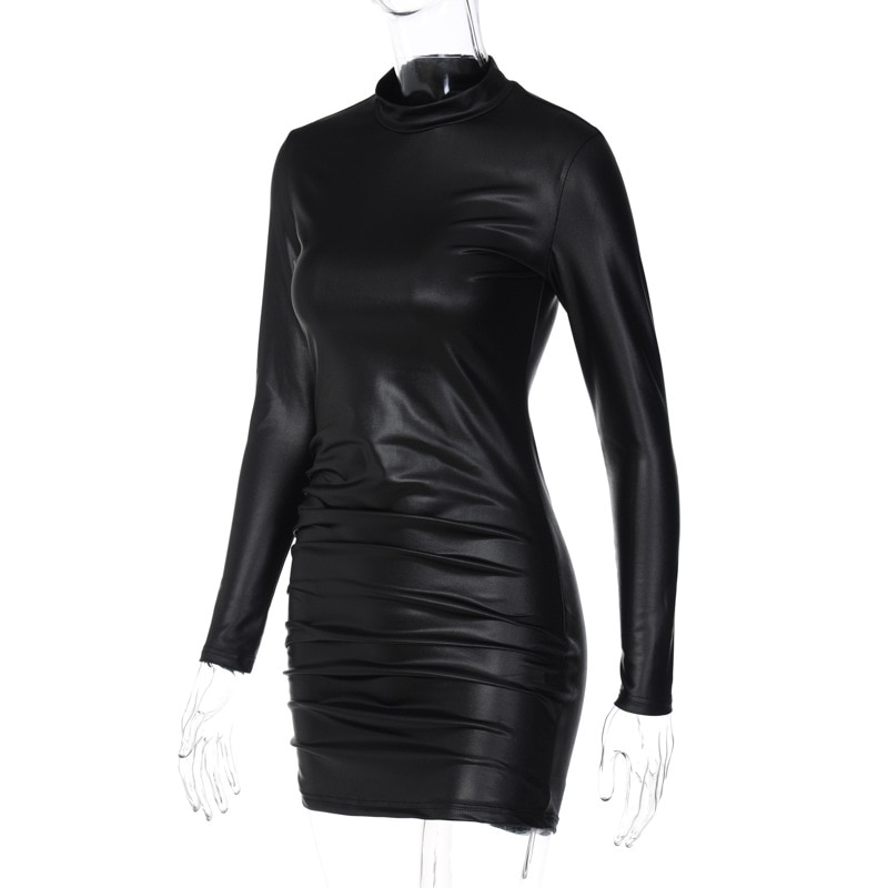 Women Long Sleeve Pu Faux Leather Bodycon Dresses Sexy Y2K Clothes O-Neck Mini Dresses For Women Club Party Elegant Streetwear