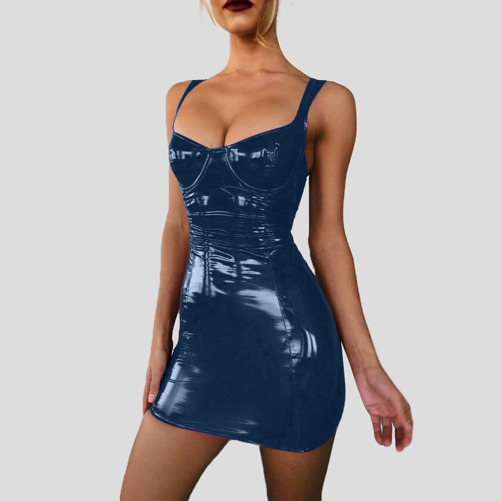 Women Latex Faux Leather Bodycon Mini Dress 2021 Summer Sleeveless Strap Sexy Club Vestido