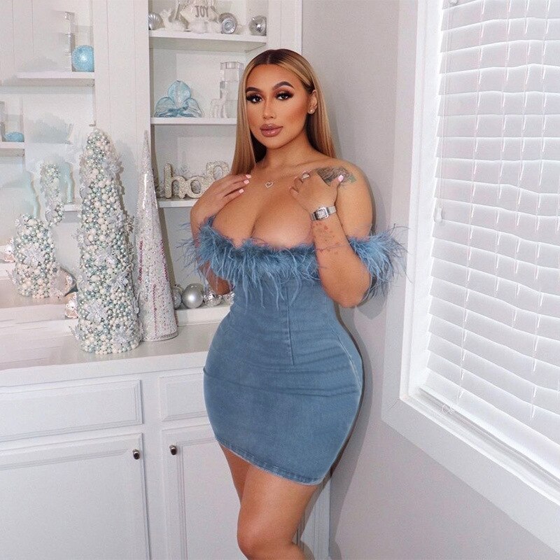 Echoine New Strapless Faux Fur Denim Mini Dress for Women Sexy Skinny Party Club Furry Vestidos Summer Autumn Jeans Robe Outfit