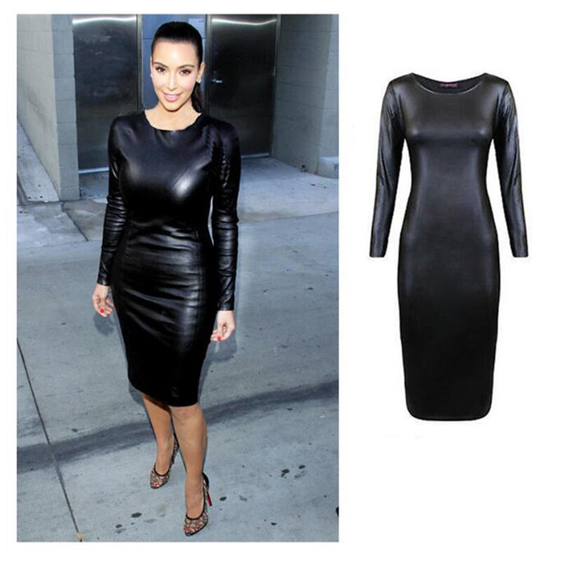 Ladies Sexy Nightclub Dress Faux Leather Long Sleeve O-Neck Knee Bag Hip Tight Pencil Dresses Feminino Vestido