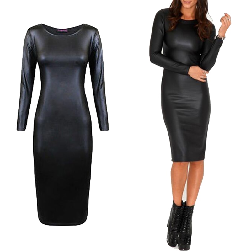 Ladies Sexy Nightclub Dress Faux Leather Long Sleeve O-Neck Knee Bag Hip Tight Pencil Dresses Feminino Vestido