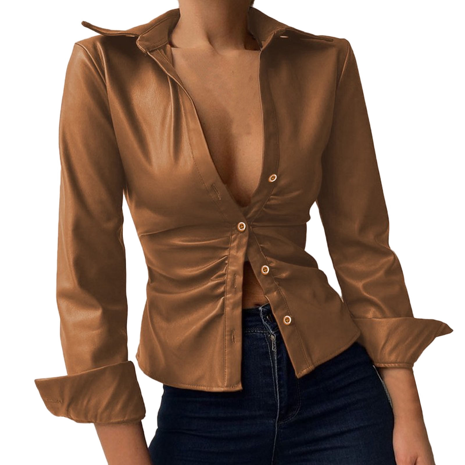 Fashion Leather Solid Blouse Shirt Casual Buttons Lapel Tops Casual Summer Ladies Female Women Long Sleeve Blusas