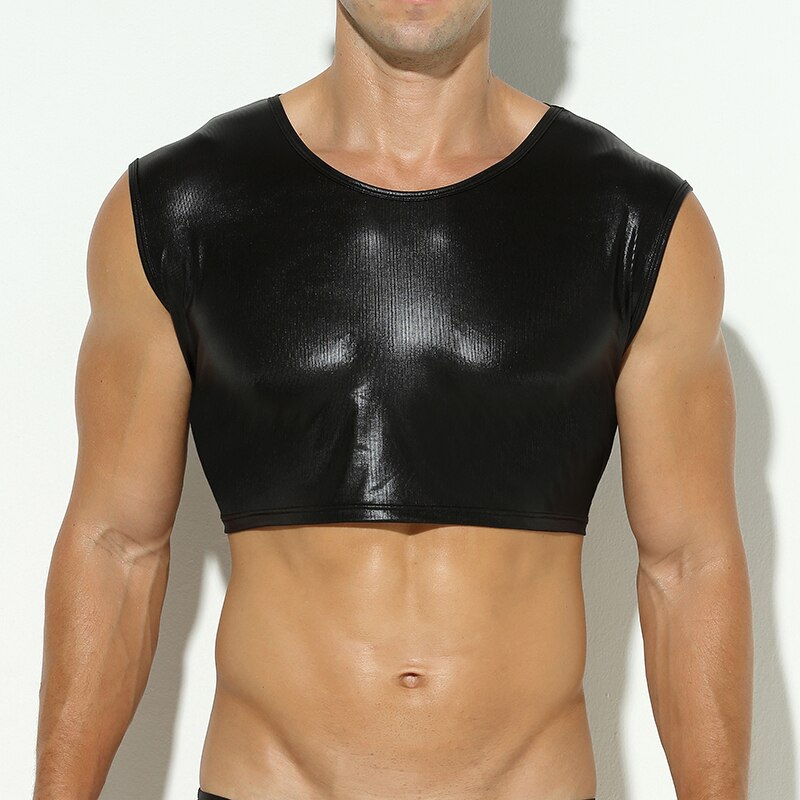 Sexy Men Chest Harness Undershirts Faux Leather Fitness Singlet Crop Tops Vest Gay Stage Costumes Sleeveless Shirts Tank Tops