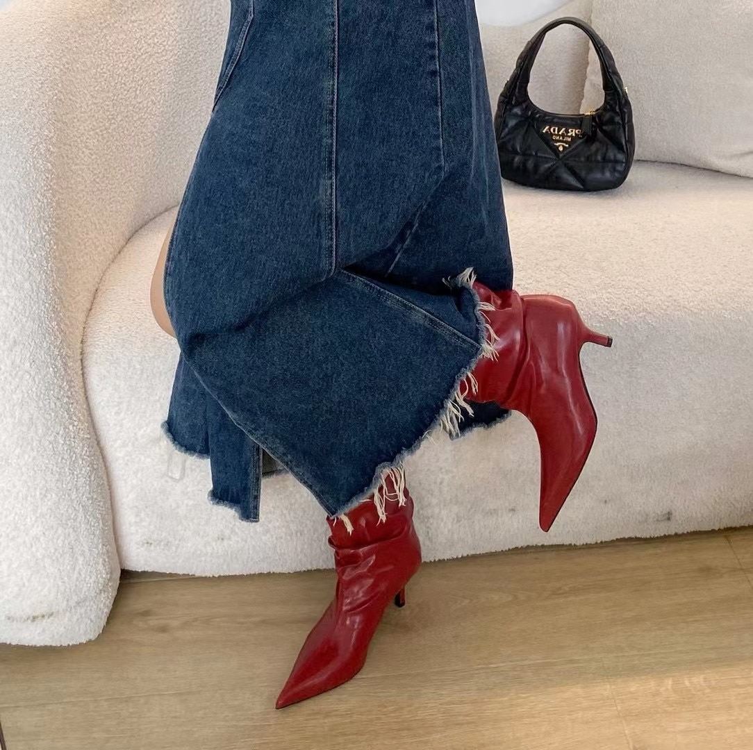 Pointed Toe Women Ankle Boots Chelsea Botas 2023 New Arrivals Black White Red Thin High Heels Slip On Fashion Winter Party Pumps