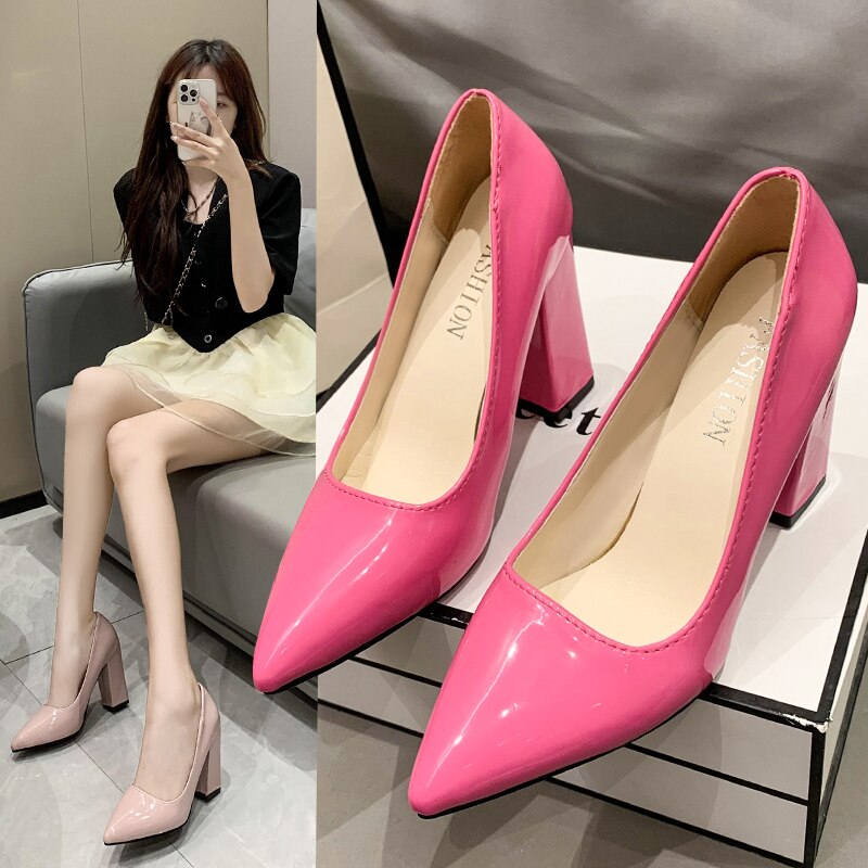 Pumps Women's Shoes Pointed Toe Ladies Shoes 10cm High Heel Colorful Fashion Red Chunky Heels Patent Leather Female 2023 Summer