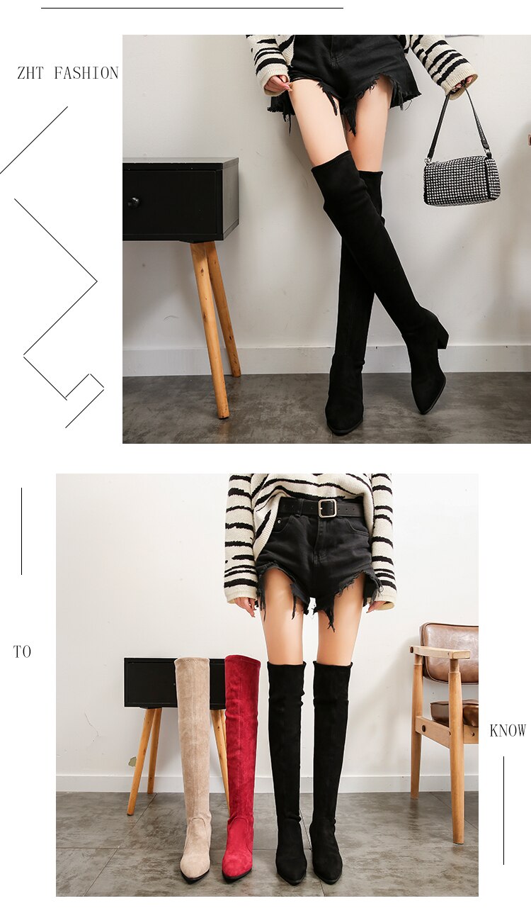 Thigh High Boots Women 2023 Winter Fashion New Over Knee Boot Female Sexy Heels Suede Shoes Red Warm Fur Black Pointed Plus Size
