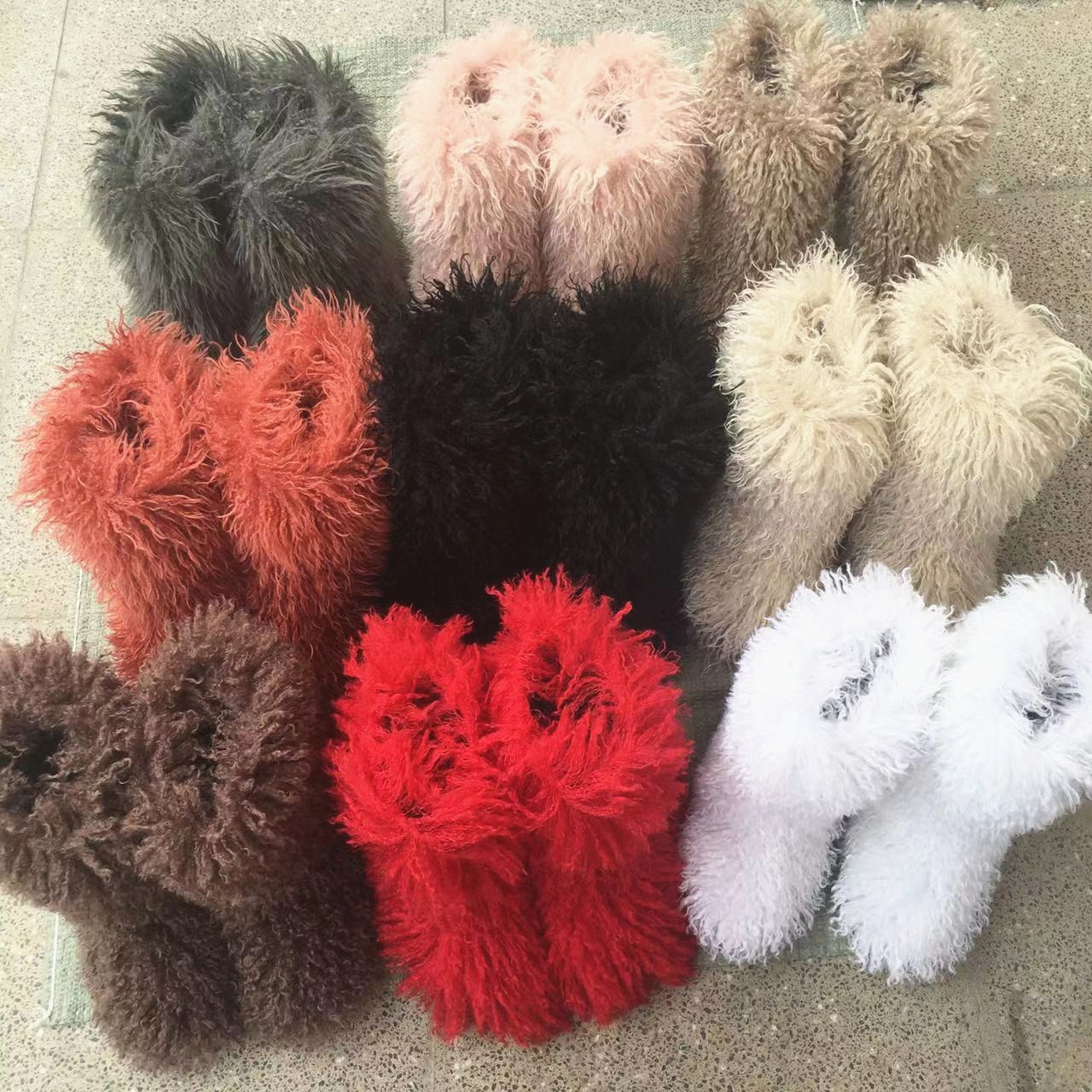 Winter Women Designer Knee High Warm Shoes Lamb Skin Long Hair Faux Mongolian Sheep Fur Boots