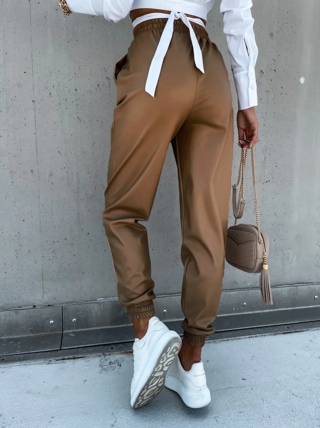 wsevypo PU Leather Sweatpants Fall Winter Fashion Casual High Elastic Waist Joggers Trousers Women Solid Color Harem Pants