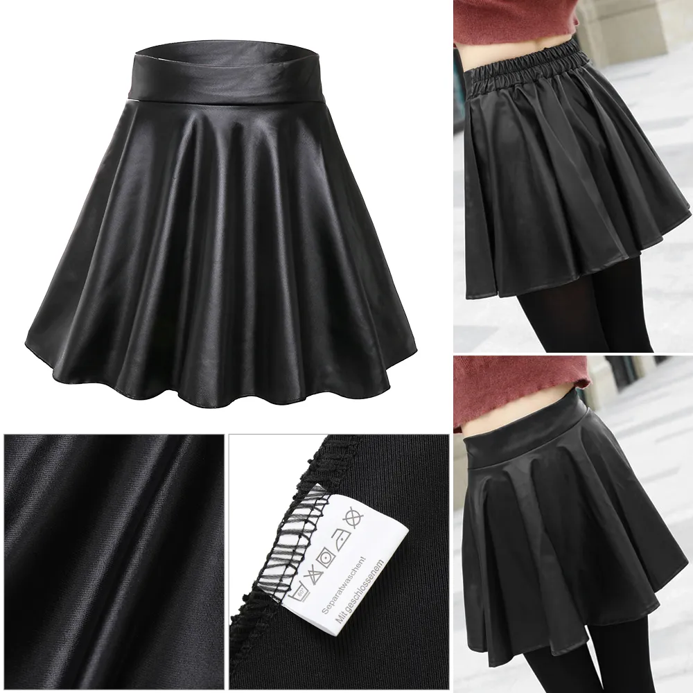 Women Sexy Faux Leather Skirts High Waist Elastic Mini Short Skirt Multi Purpose For Skater Work Nightclub Knee-Length Skirts