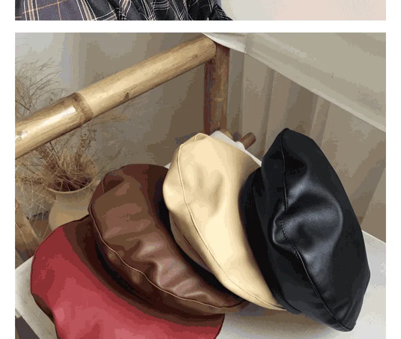 Women Girl Beret French Artist Warm Wool Winter Beanie Hat Cap Vintage Plain Beret Hats Solid Color Elegant Lady leather Caps