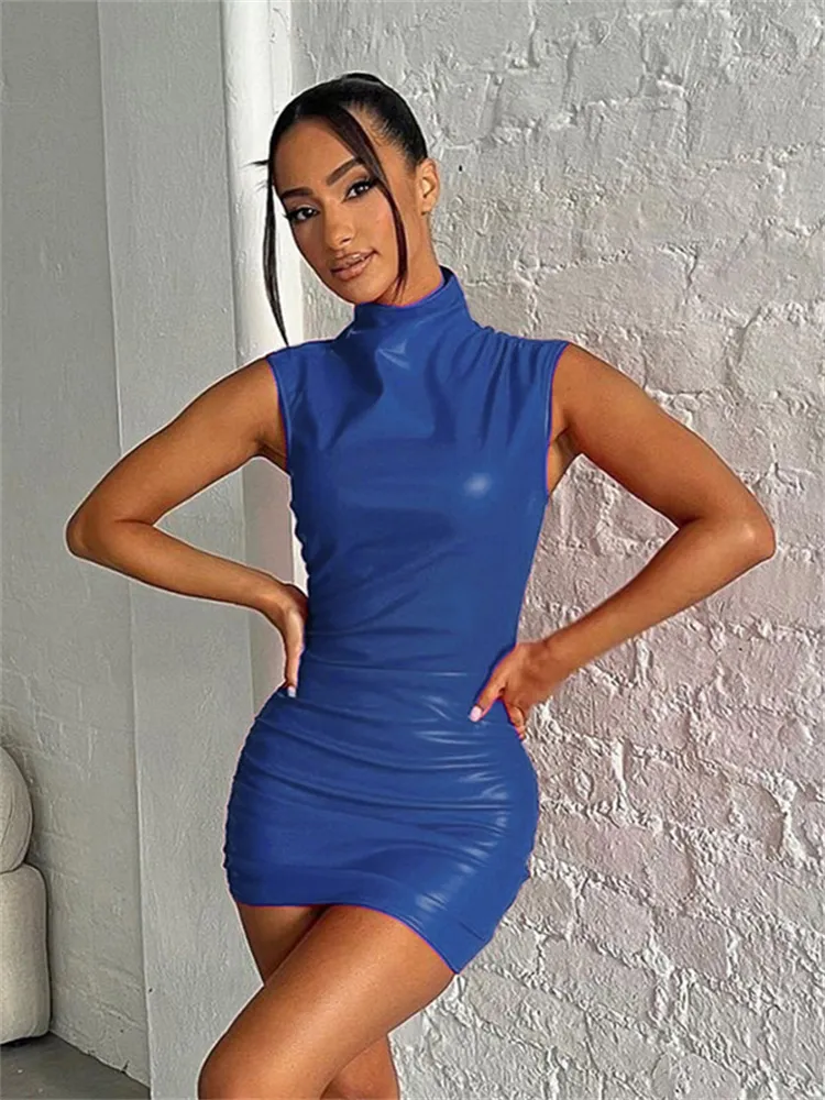 Autumn Solid Faux Leather Bodycon Mini Dresses Club Outfit For Women 2022 Sleeveless O Neck Party Short Dress Female