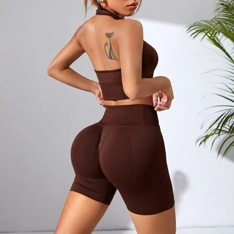 2PCS Yoga Hip Lift Set Sports Bra+Shorts Sexy V-Waist Seamless Fitness Sportswear Clothing