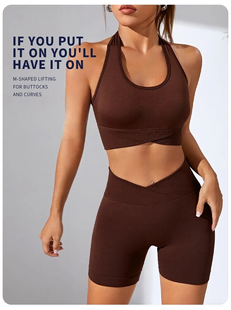 2PCS Yoga Hip Lift Set Sports Bra+Shorts Sexy V-Waist Seamless Fitness Sportswear Clothing