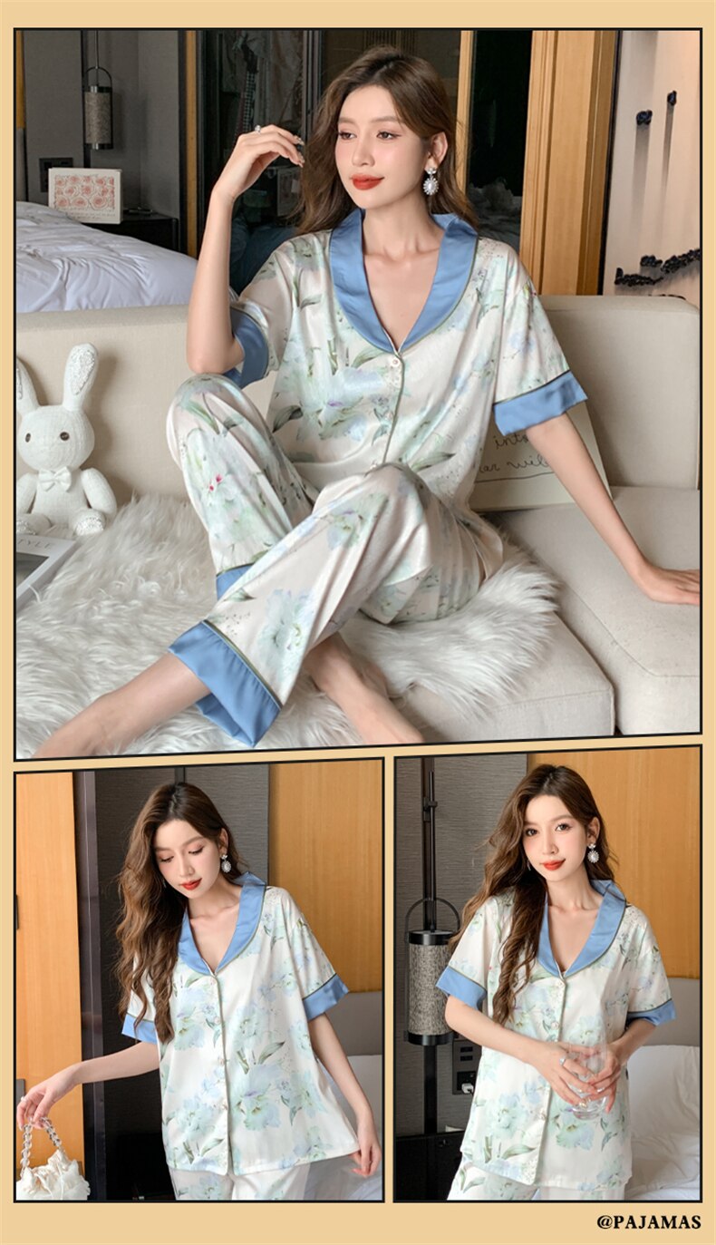 Spring Summer Ladies Faux Silk Polyester Pajama Sets Sexy Homewear Women's Casual Luxury Pajamas Thin Pajamas Female Sleepwear