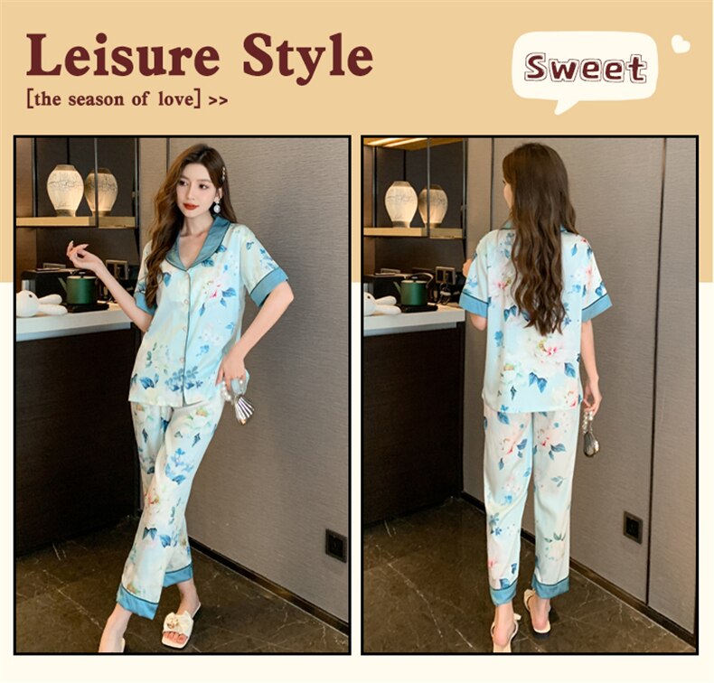 Spring Summer Ladies Faux Silk Polyester Pajama Sets Sexy Homewear Women's Casual Luxury Pajamas Thin Pajamas Female Sleepwear