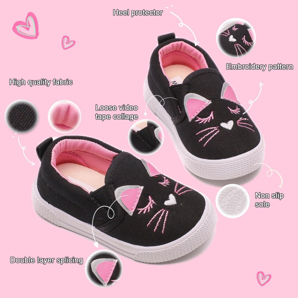 Purrfectly Cute Toddler Cartoon Cat Canvas Sneakers for Girls - Casual Slip-on Loafers Shoes and Flats for Little Kids 1-4 Years