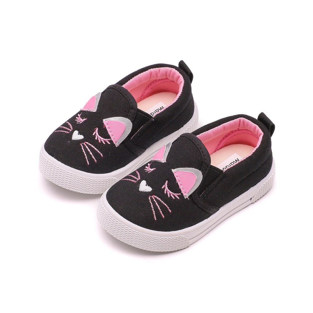 Purrfectly Cute Toddler Cartoon Cat Canvas Sneakers for Girls - Casual Slip-on Loafers Shoes and Flats for Little Kids 1-4 Years