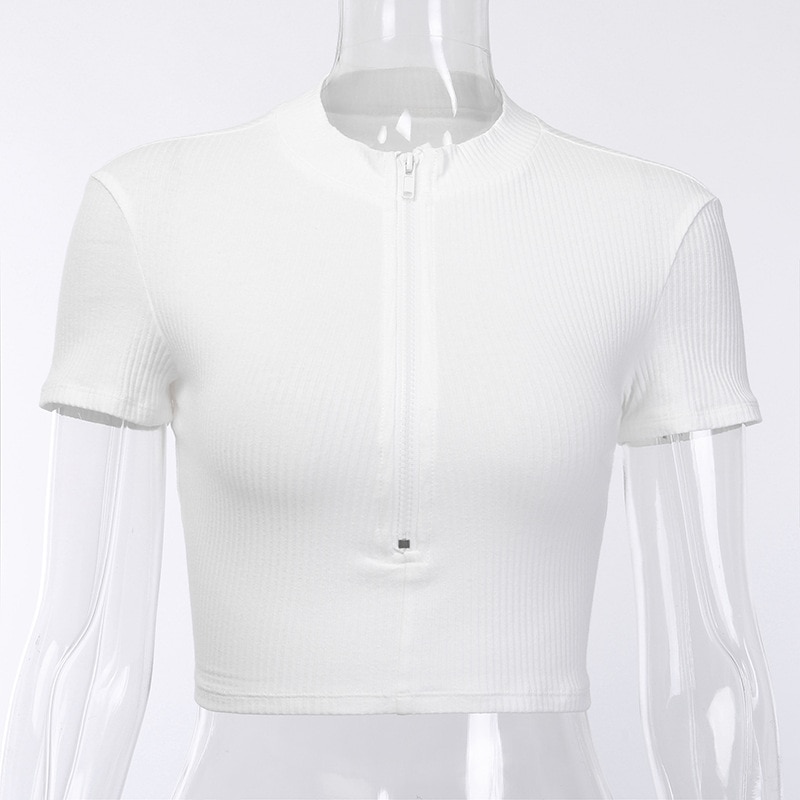 New Fashion Slim Fit Zipper T-shirt Women Female Bustier Corset Tops High Neck Women Crop Top Tee Solid Shirt White